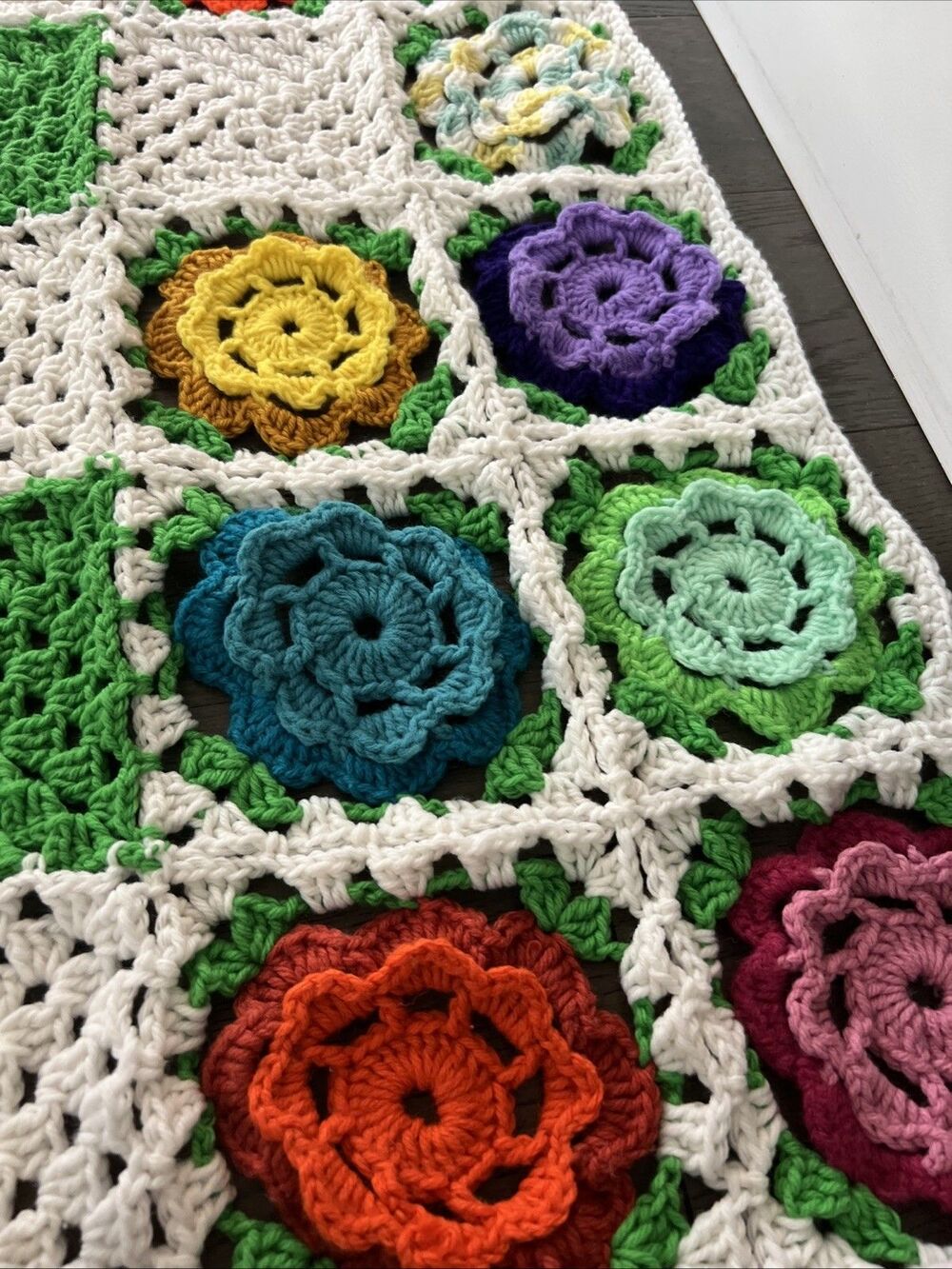 Handcrafted Colorful Granny Square Crochet Afghan Grandma Flower Roseanne Chic - Picture 4 of 5